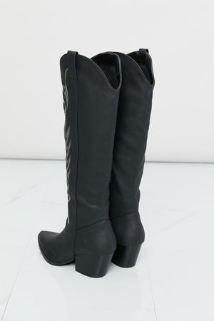 Qupid Cheyenne Nights Embroidered Knee High Cowboy Boots in Black