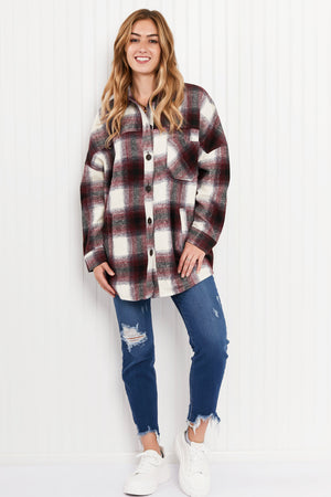 Zenana Autumn Evening Full Size Plaid Longline Shacket in Burgundy