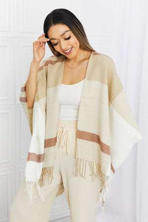 Leto Striped Fringe Detail Open Front Poncho