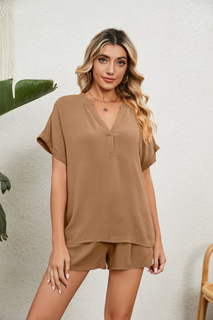 Notched Neck Top and Paperbag Waist Shorts Lounge Set