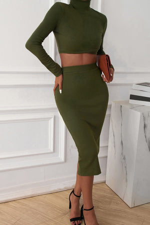 Long Sleeve Crop Top and Slit Skirt Set