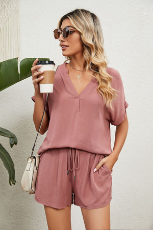 Notched Neck Top and Paperbag Waist Shorts Lounge Set