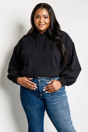 Zenana Full Size Balloon Sleeve Drawstring Detail Cropped Hoodie