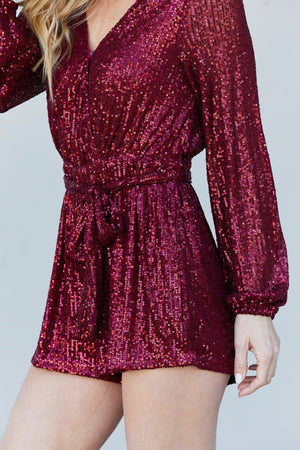 Haptics Full Size Sequin Belted V-Neck Romper