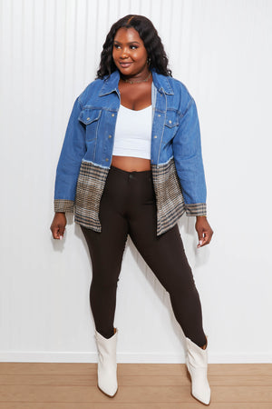 CY Fashion Porch Views Full Size Plaid Spliced Denim Jacket