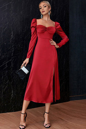 Ruched Puff Sleeve Split Satin Dress
