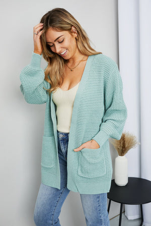 Zenana Full Size Waffle-Knit Open Front Cardigan with Pockets