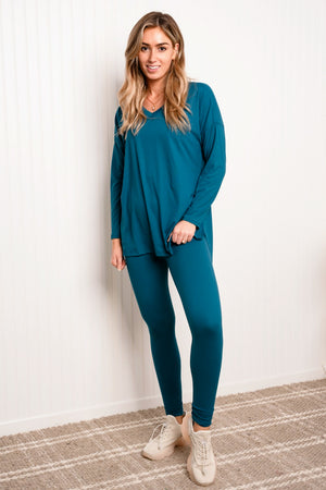 Zenana Full Size V-Neck High-Low Top and Leggings Loungewear Set in Teal