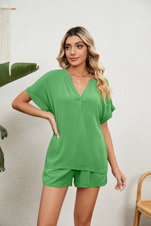 Notched Neck Top and Paperbag Waist Shorts Lounge Set