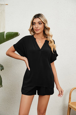 Notched Neck Top and Paperbag Waist Shorts Lounge Set