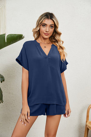 Notched Neck Top and Paperbag Waist Shorts Lounge Set