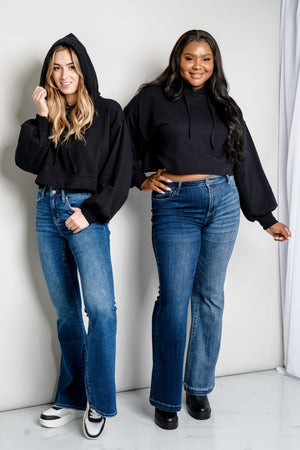 Zenana Full Size Balloon Sleeve Drawstring Detail Cropped Hoodie