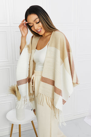 Leto Striped Fringe Detail Open Front Poncho