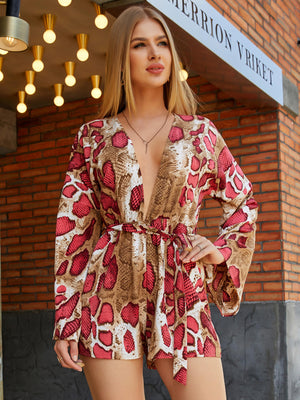 Animal Print Belted Plunge Romper