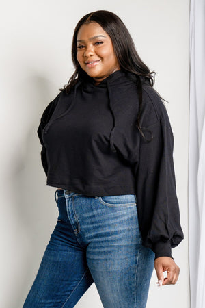 Zenana Full Size Balloon Sleeve Drawstring Detail Cropped Hoodie