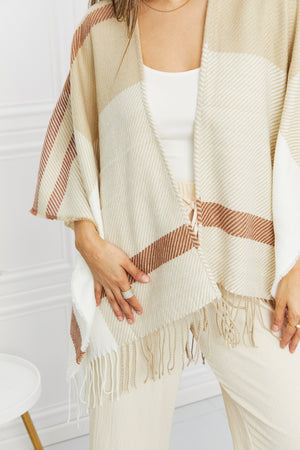 Leto Striped Fringe Detail Open Front Poncho