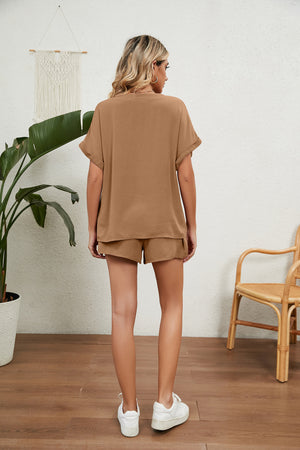 Notched Neck Top and Paperbag Waist Shorts Lounge Set