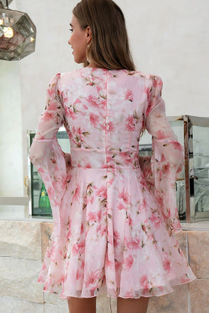 Floral Bell Sleeve Plunge Mini Dress