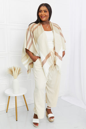 Leto Striped Fringe Detail Open Front Poncho
