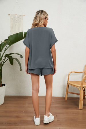 Notched Neck Top and Paperbag Waist Shorts Lounge Set