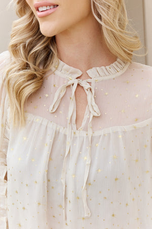 Mine and E&M Glitter Frill Trim Tie Neck Blouse