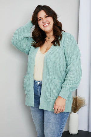 Zenana Full Size Waffle-Knit Open Front Cardigan with Pockets