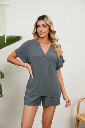 Notched Neck Top and Paperbag Waist Shorts Lounge Set