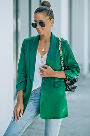 One-Button Gathered Sleeve Shawl Collar Blazer