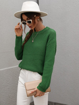 Drop Shoulder Round Neck Ribbed Cuff Sweater