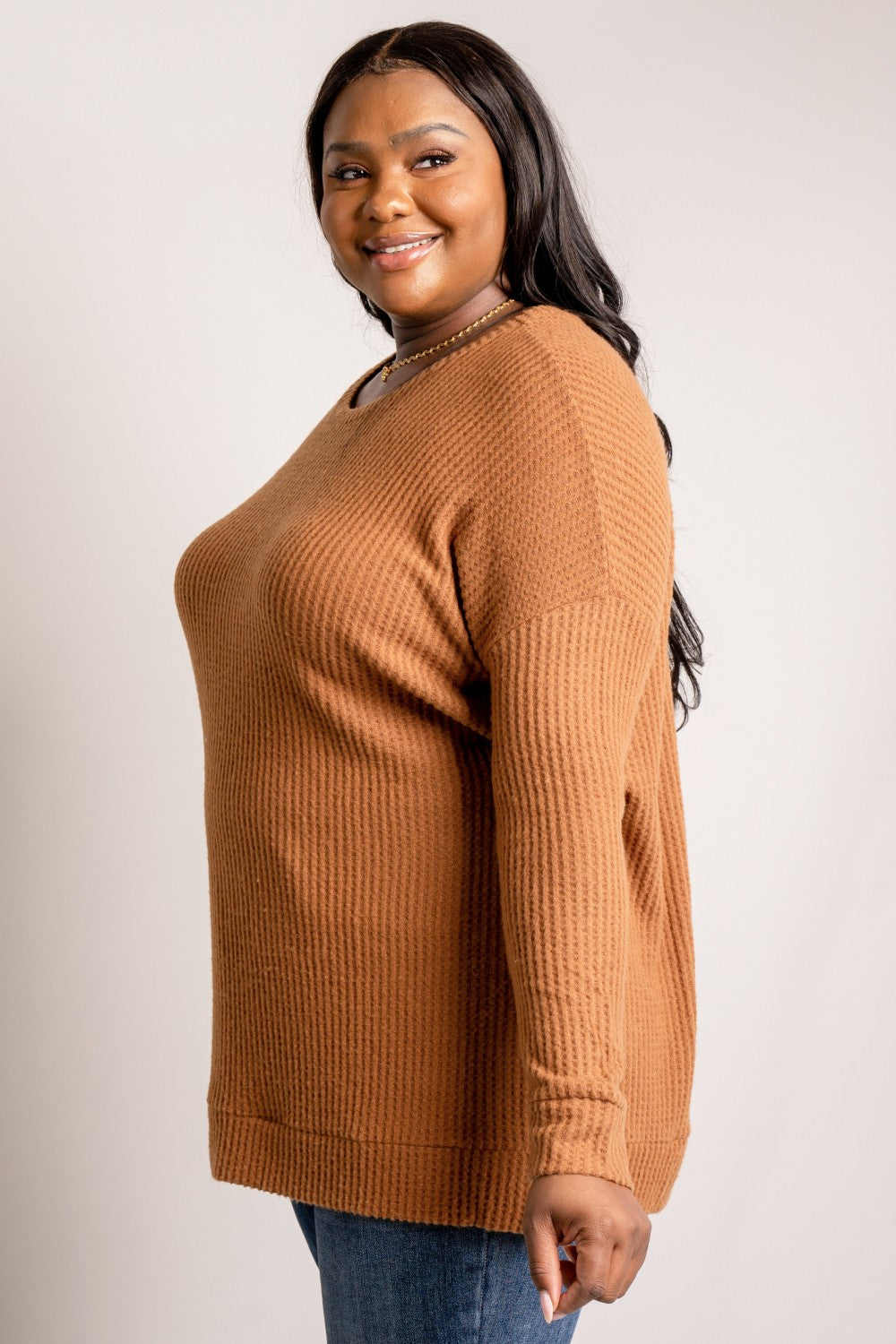 Zenana Full Size Round Neck Waffle-Knit Slit Tunic Sweater