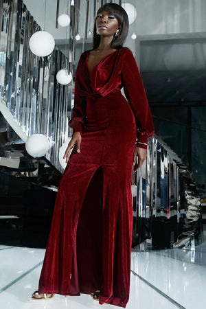 Velvet Split Lantern Sleeve Plunge Dress