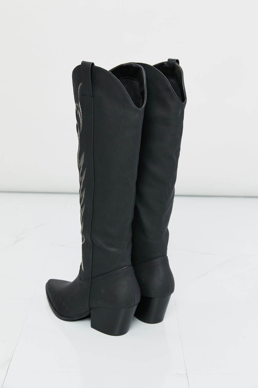 Qupid Cheyenne Nights Embroidered Knee High Cowboy Boots in Black