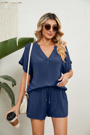 Notched Neck Top and Paperbag Waist Shorts Lounge Set