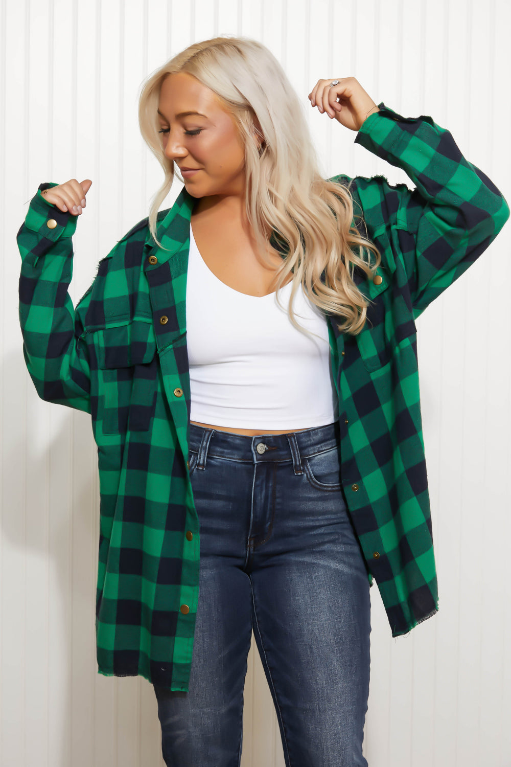 Davi &amp; Dani Peace Sign Full Size Plaid Embroidered Patch Shacket
