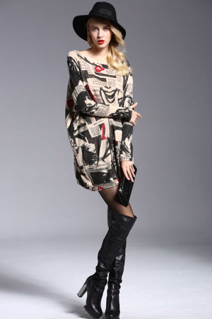 Newspaper Print Boat Neck Long Sleeve Sweater