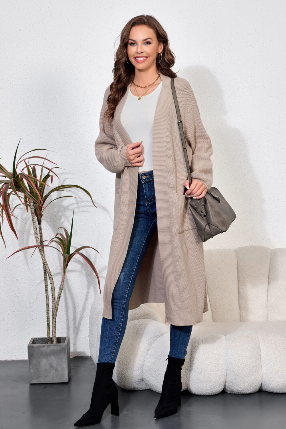 Open Front Duster Cardigan with Double Pockets