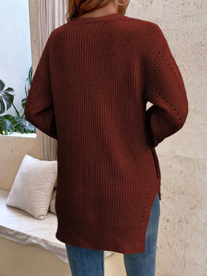 Button-Up Side Slit Drop Shoulder Cardigan