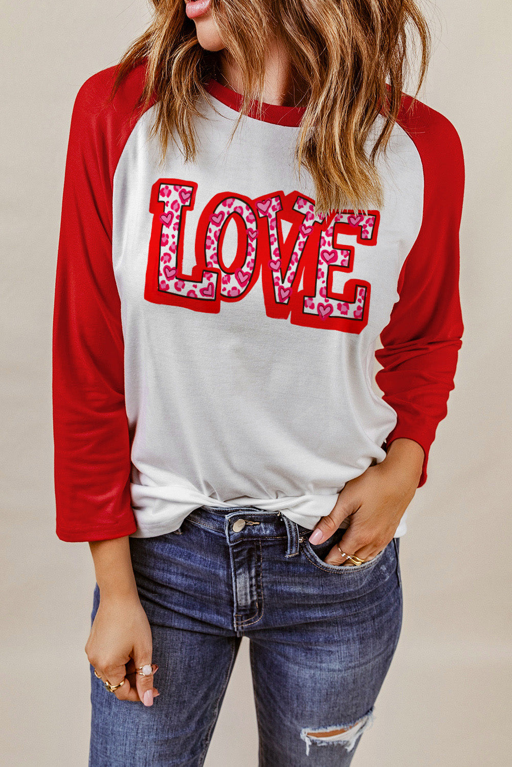 LOVE Baseball Sleeve Round Neck Top