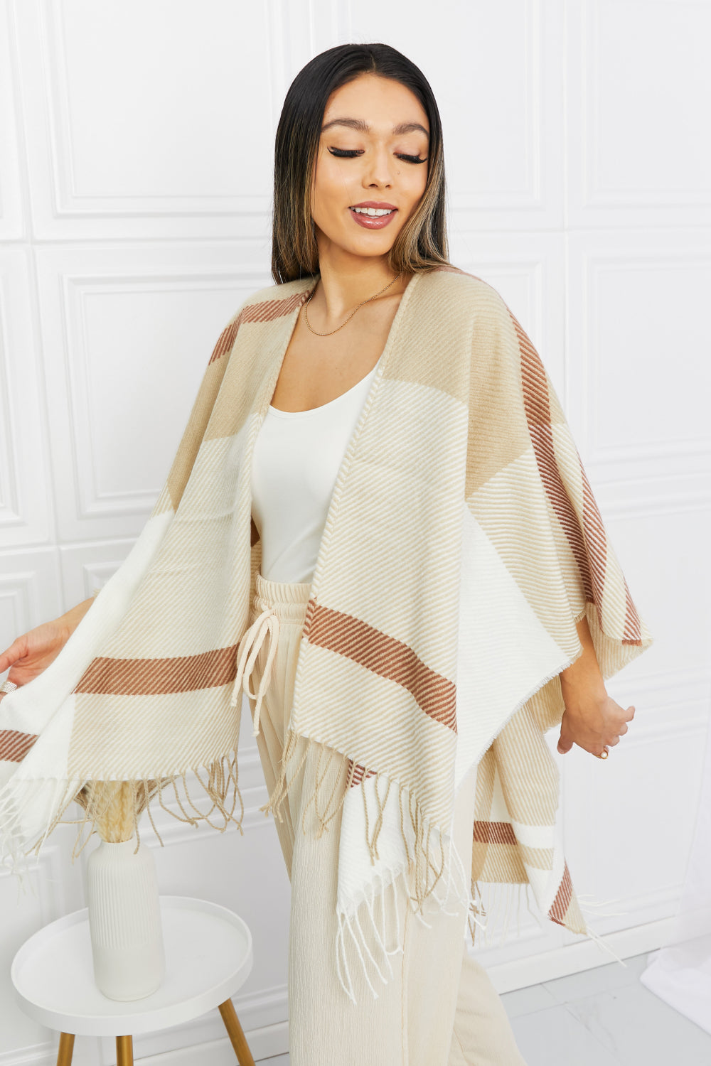 Leto Striped Fringe Detail Open Front Poncho