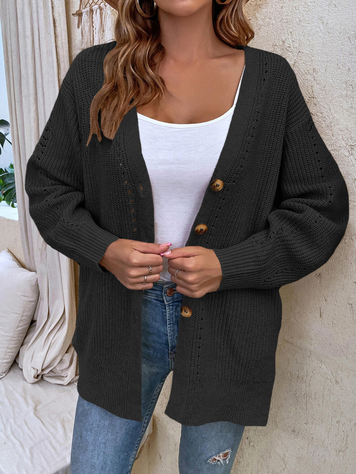 Button-Up Side Slit Drop Shoulder Cardigan