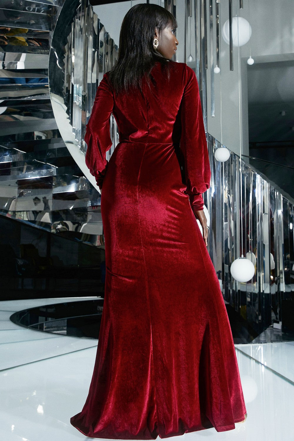Velvet Split Lantern Sleeve Plunge Dress