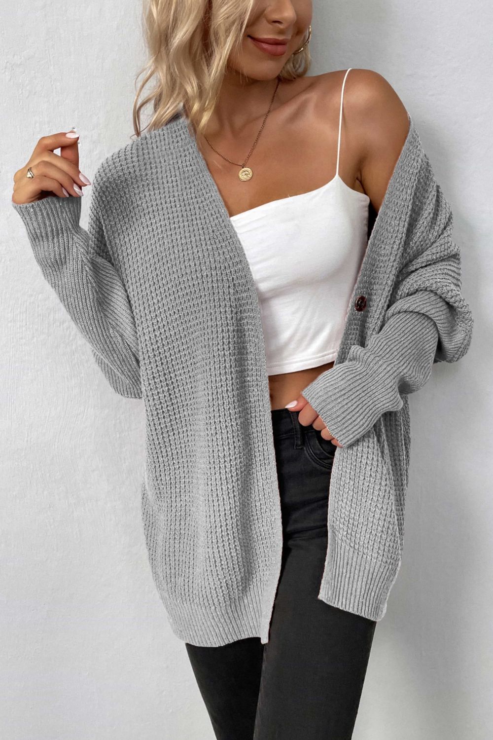 Waffle Knit One-Button Dolman Sleeve Cardigan