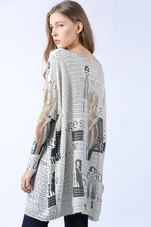 Newspaper Print Boat Neck Longline Knit Top