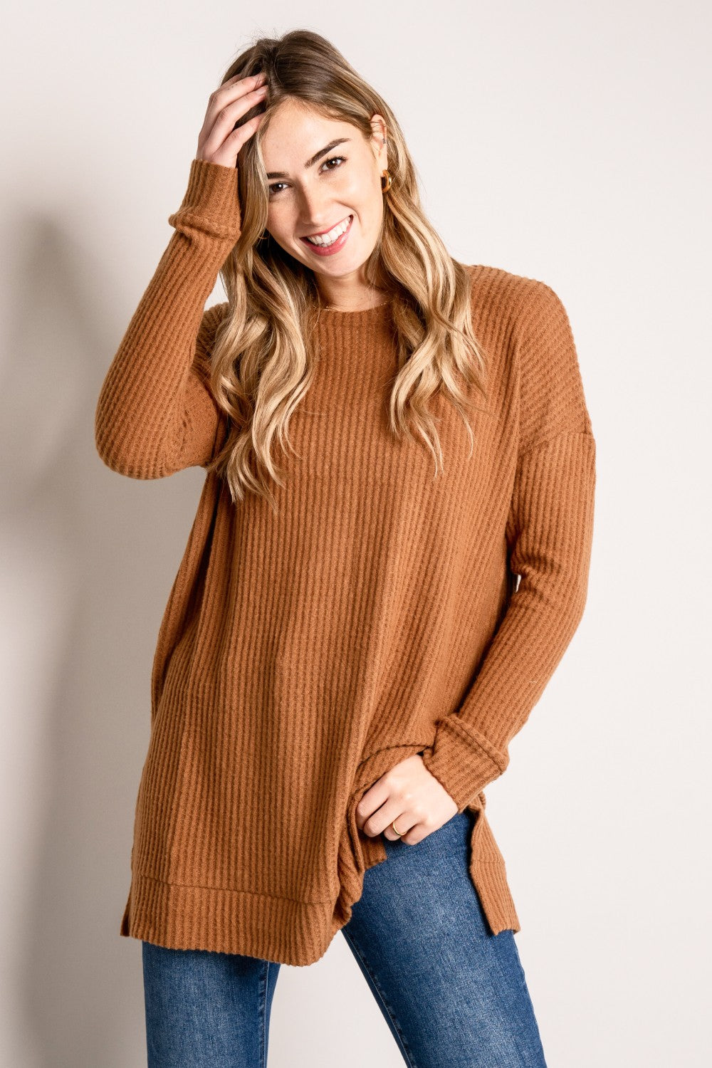 Zenana Full Size Round Neck Waffle-Knit Slit Tunic Sweater