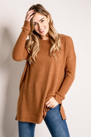 Zenana Full Size Round Neck Waffle-Knit Slit Tunic Sweater
