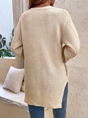 Button-Up Side Slit Drop Shoulder Cardigan