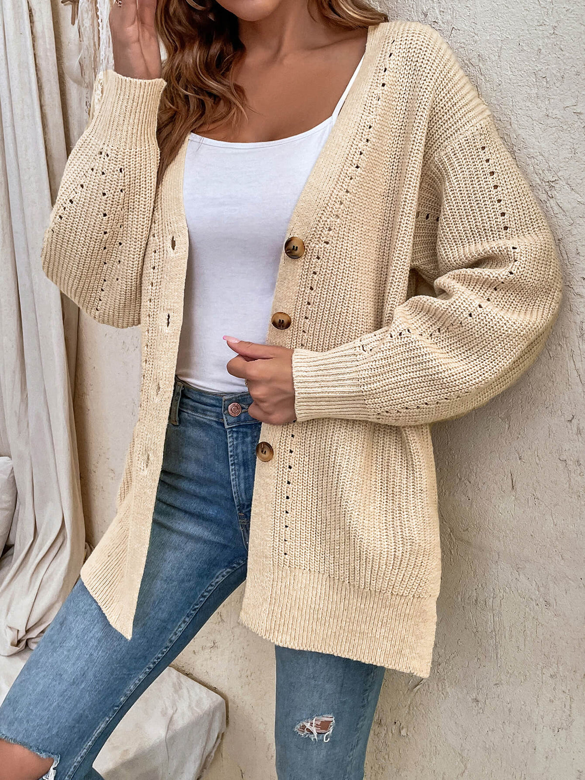 Button-Up Side Slit Drop Shoulder Cardigan