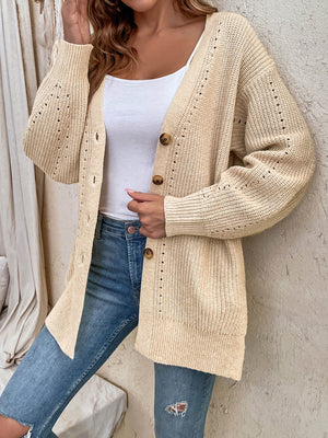 Button-Up Side Slit Drop Shoulder Cardigan
