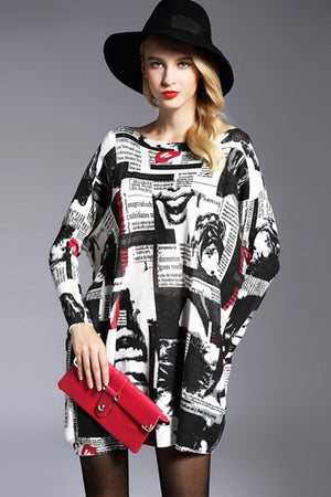 Newspaper Print Boat Neck Long Sleeve Sweater