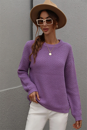 Drop Shoulder Round Neck Ribbed Cuff Sweater